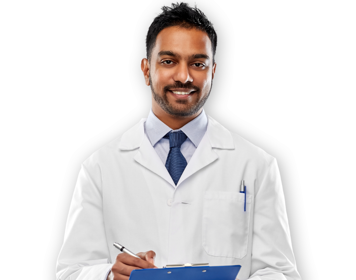 A smiling doctor is holding a clipboard and a pen.