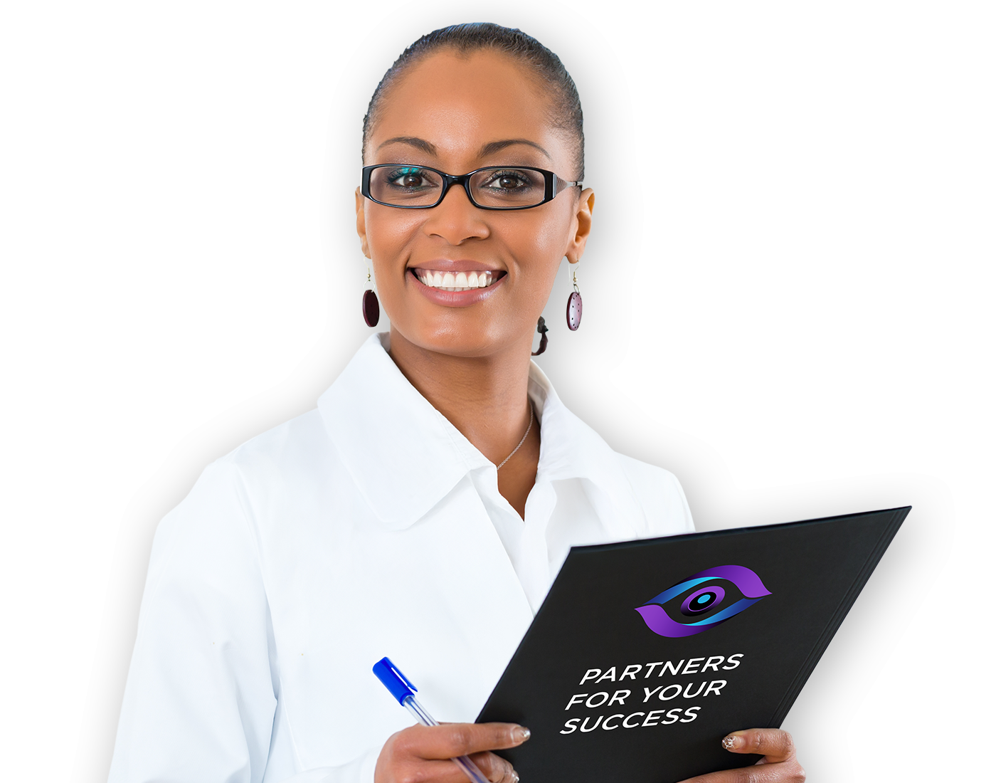 A woman is holding a folder that says partners for your success