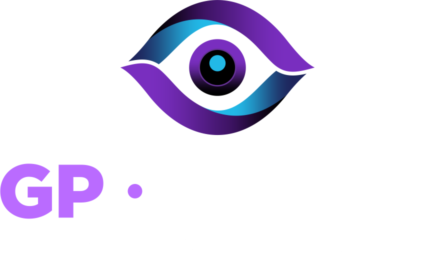 A purple and blue eye with the GPOphtho below it.