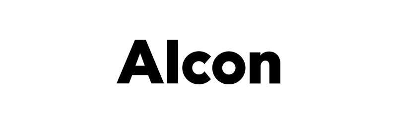 A black and white logo for alcon on a white background.