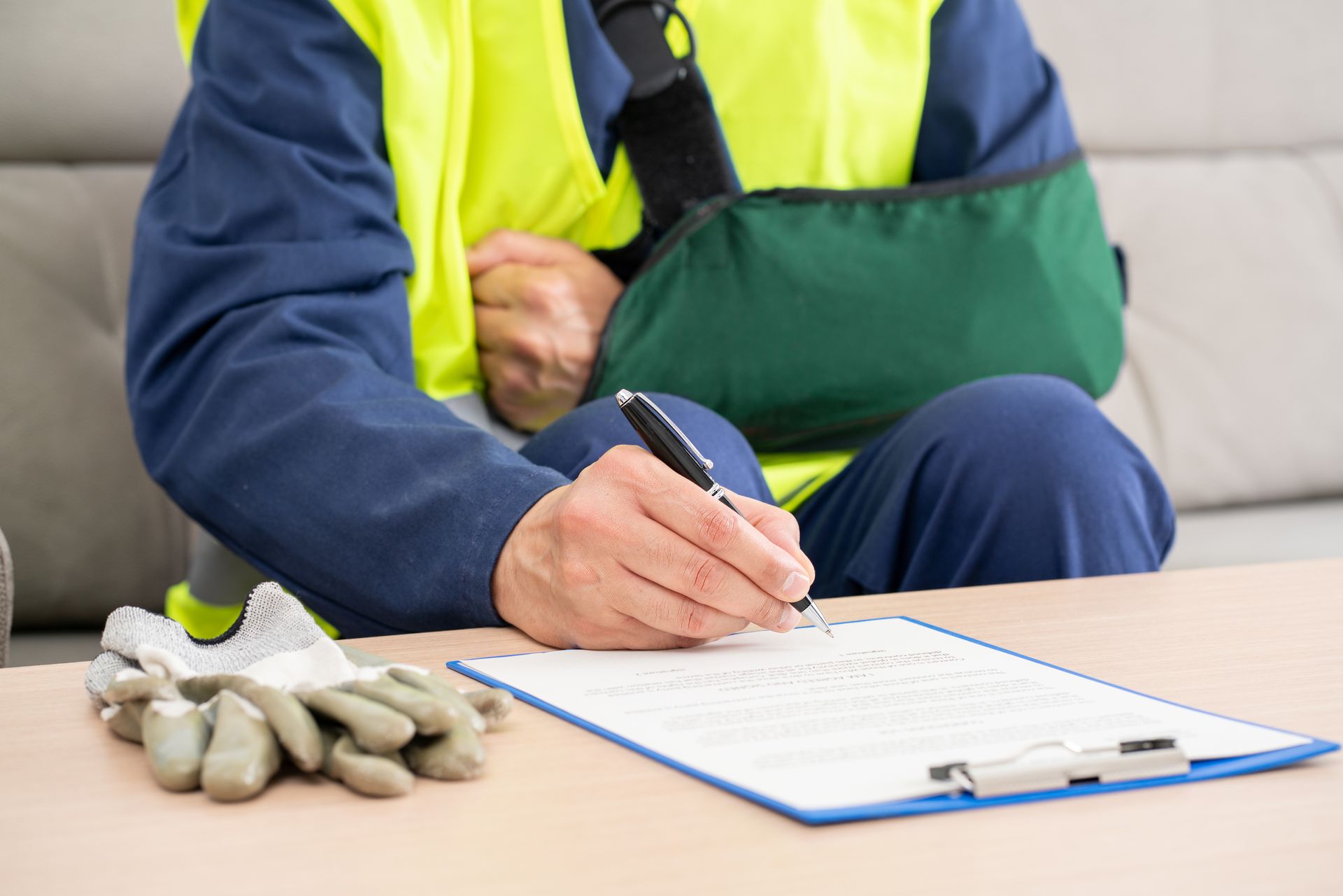 Injured worker with arm in a sling signing a workers' compensation claim form