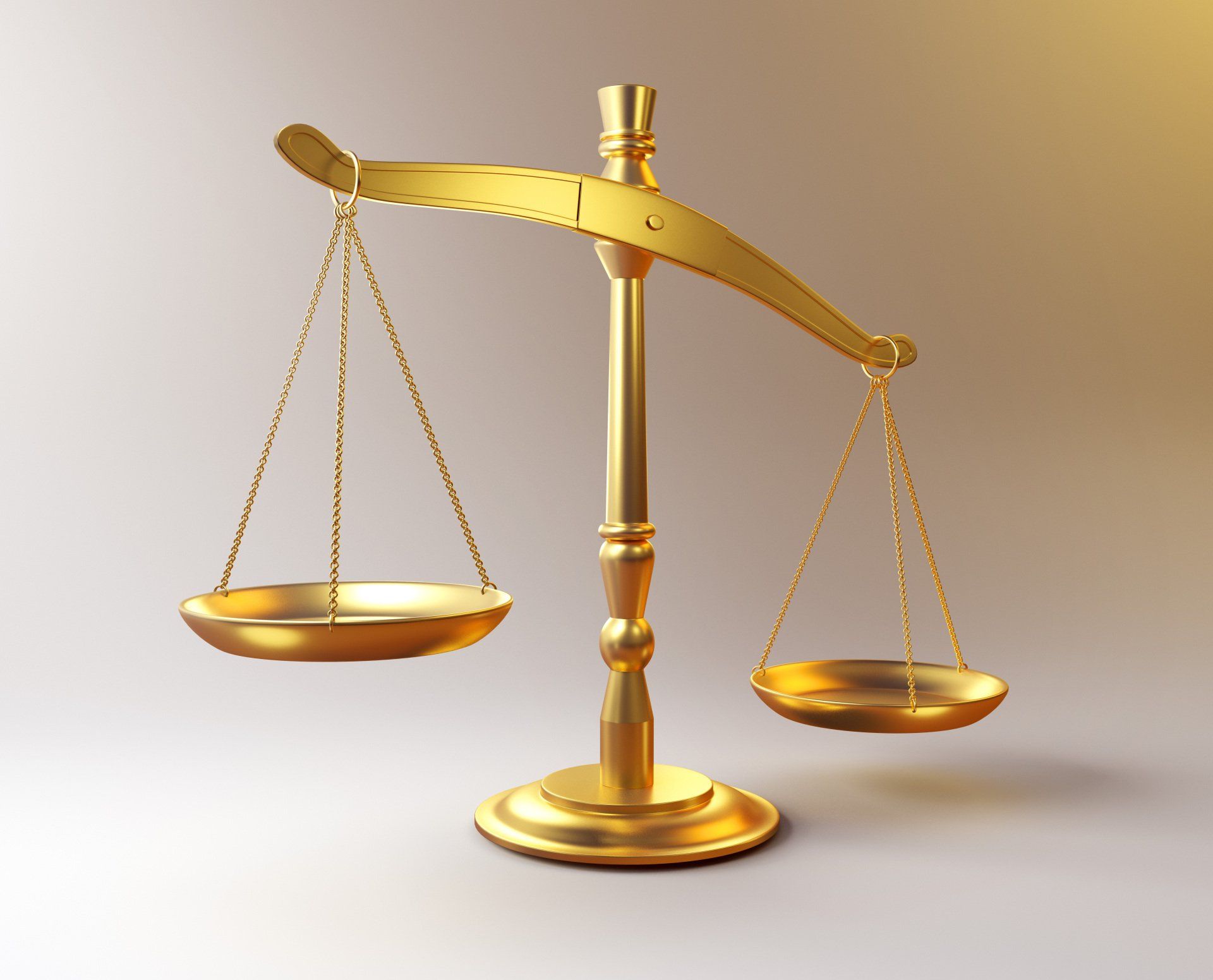 Gold balance scale on a neutral background, with one pan raised and the other lowered.