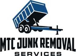 MTC Junk Removal Services logo with blue dump trailer and bold black text