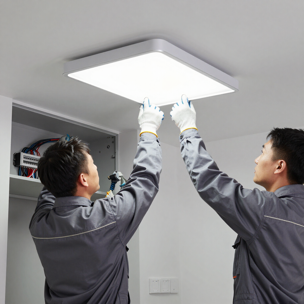 Two technicians installing a square ceiling light in a room, reaching up with tools and gloves