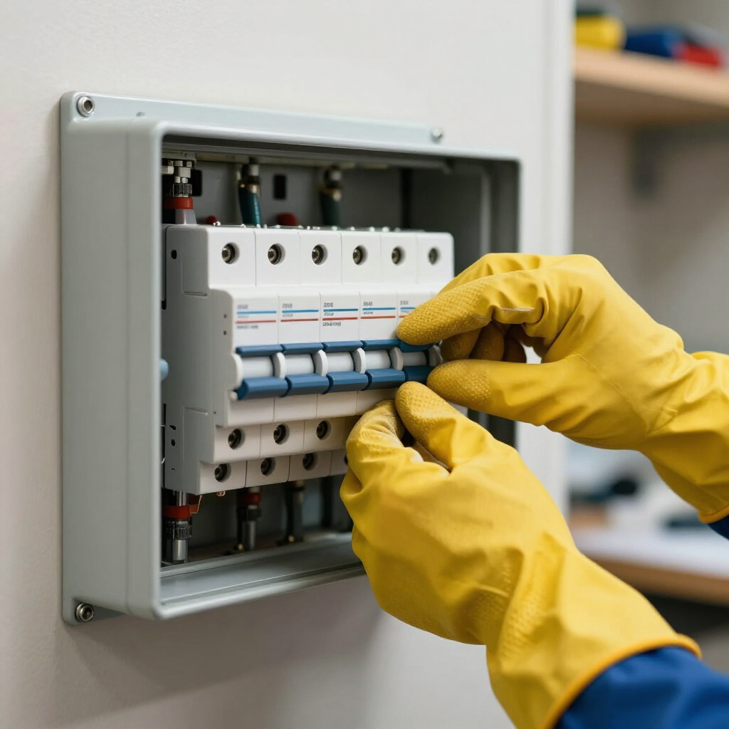 Yellow-gloved hands adjusting a circuit breaker panel in a wall-mounted electrical box