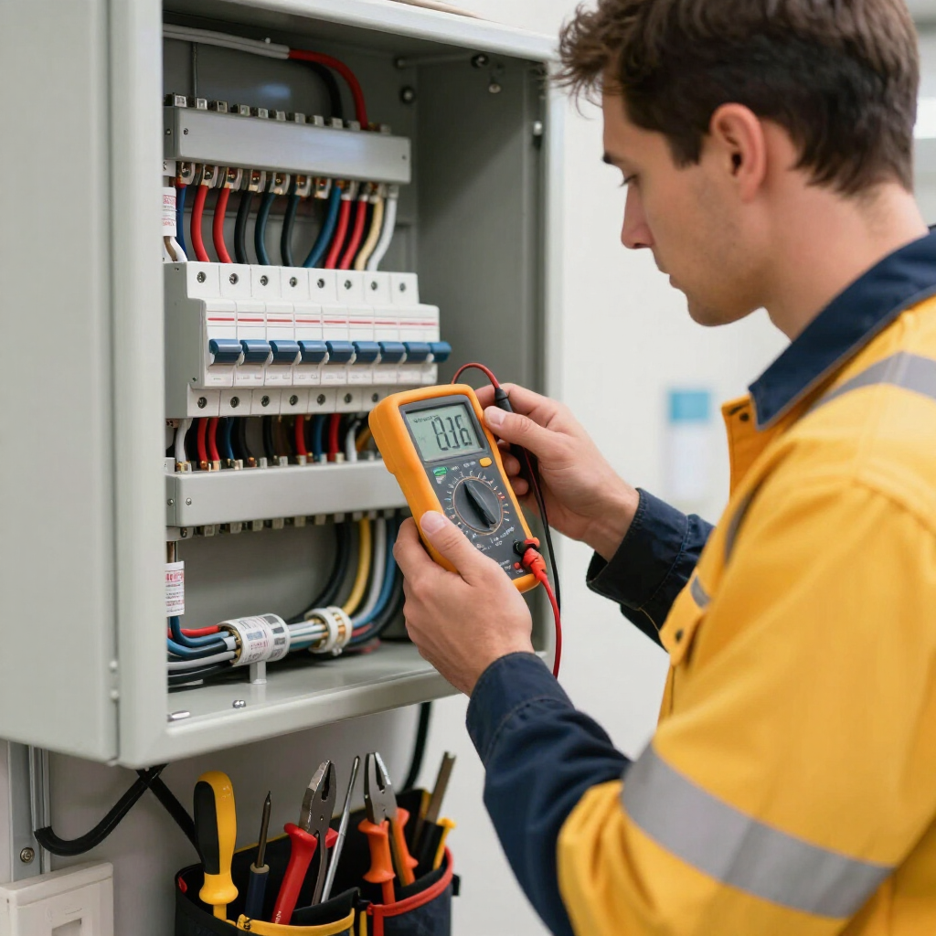 Technician testing wiring in an electrical control panel with a multimeter