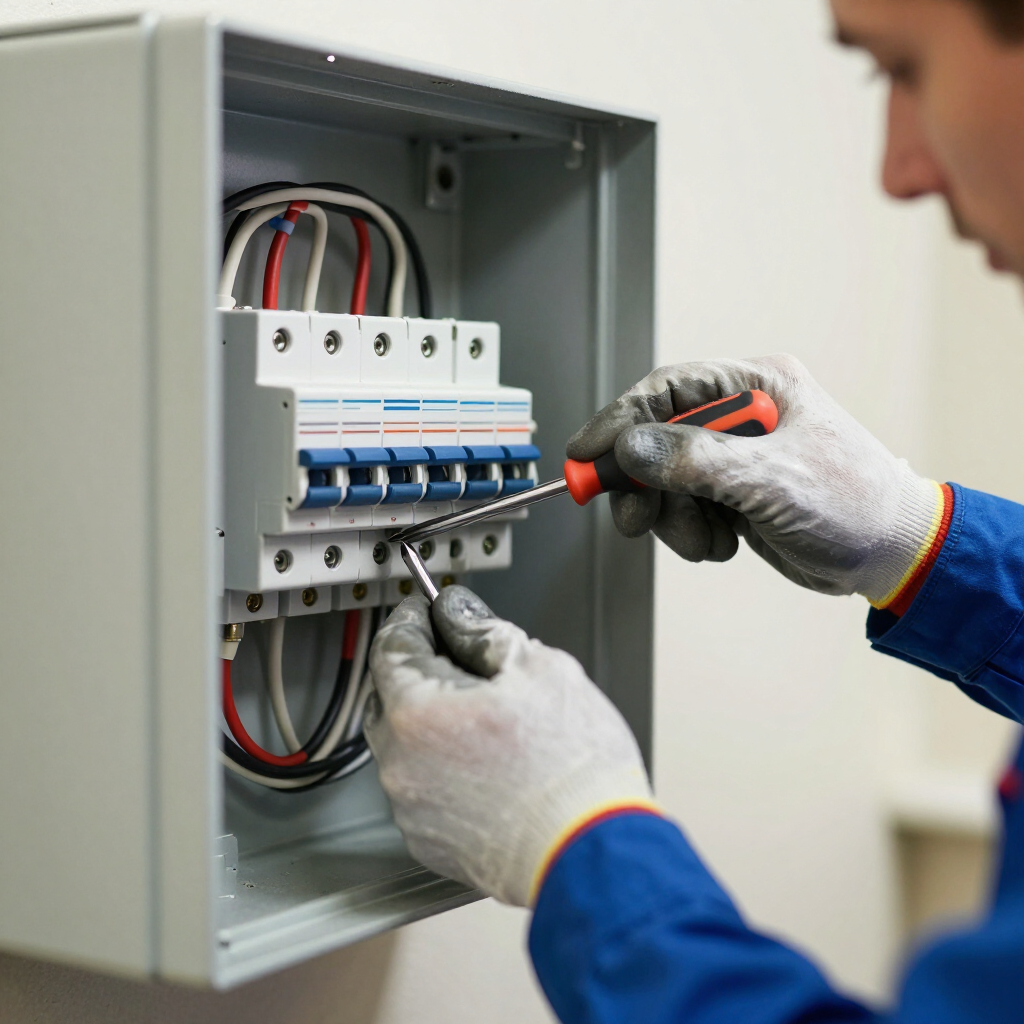 Technician using a screwdriver to work on blue circuit breakers inside an open electrical panel.