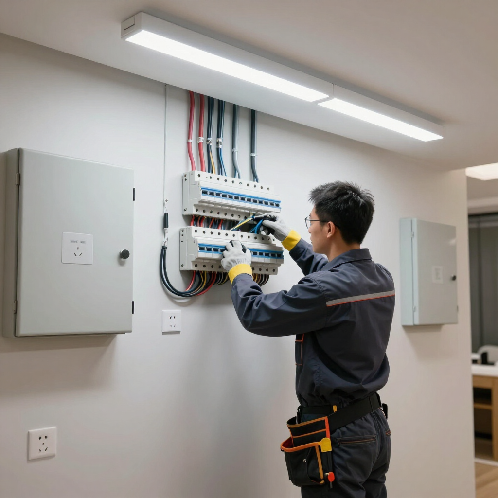 Technician wiring an electrical panel in a bright utility room