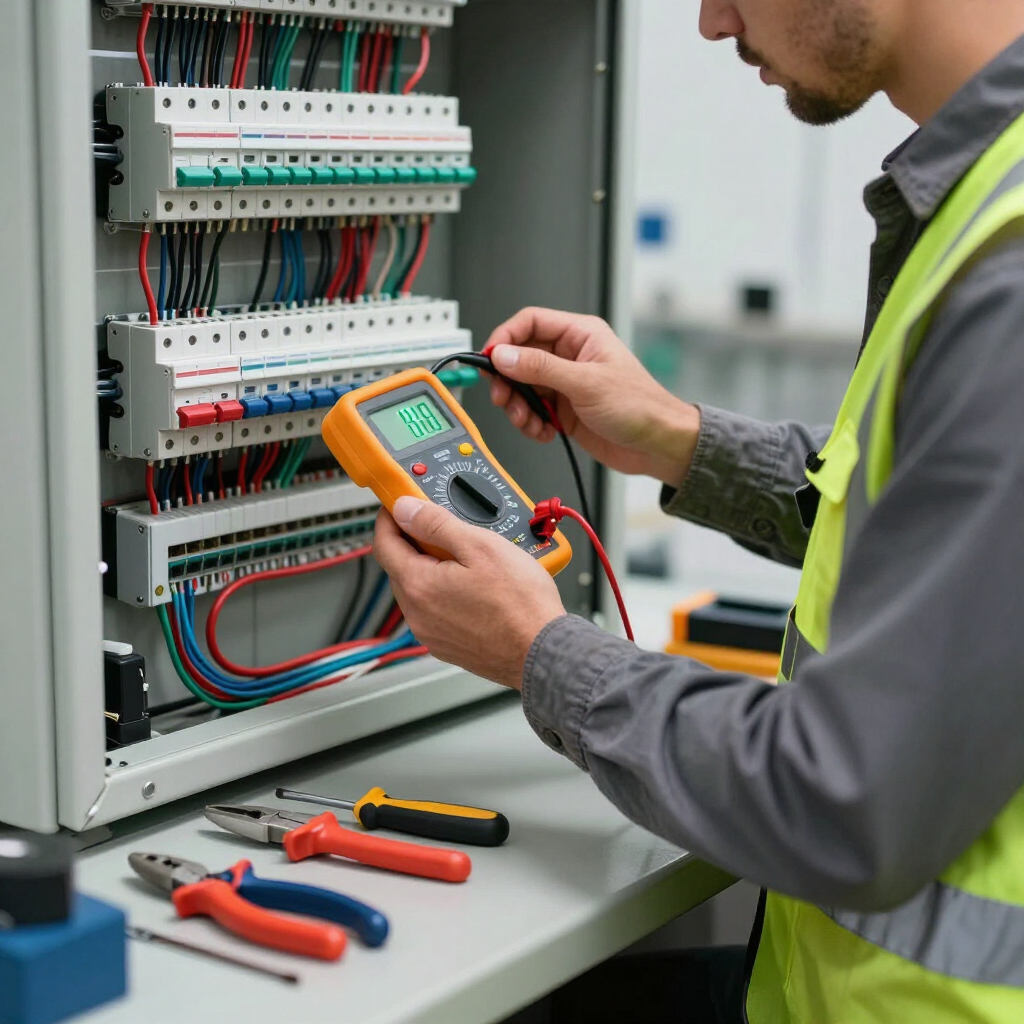 Person using a multimeter to test electrical wiring in a panel.