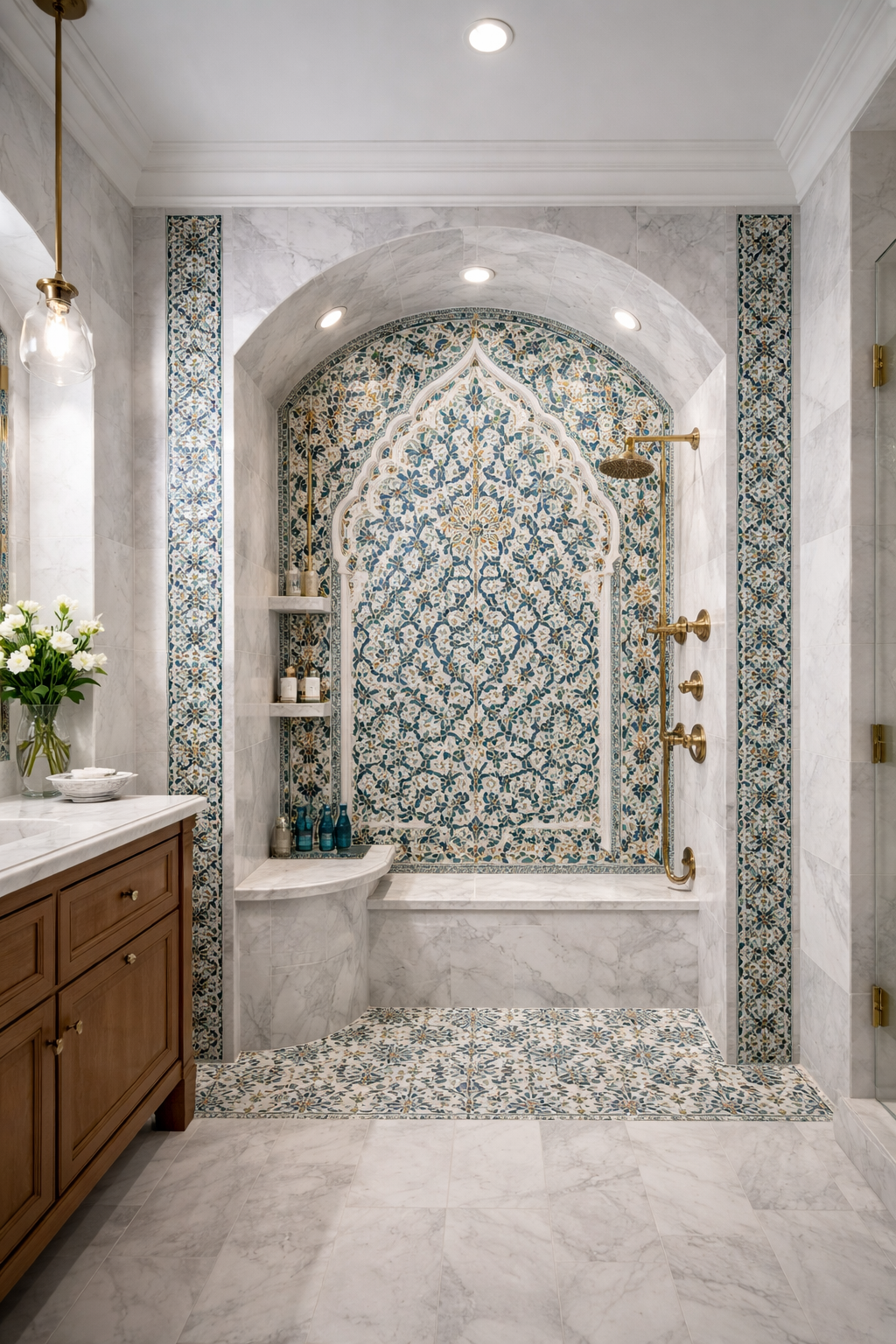 Elegant bathroom with arched shower, teal floral tile, marble, and gold fixtures.