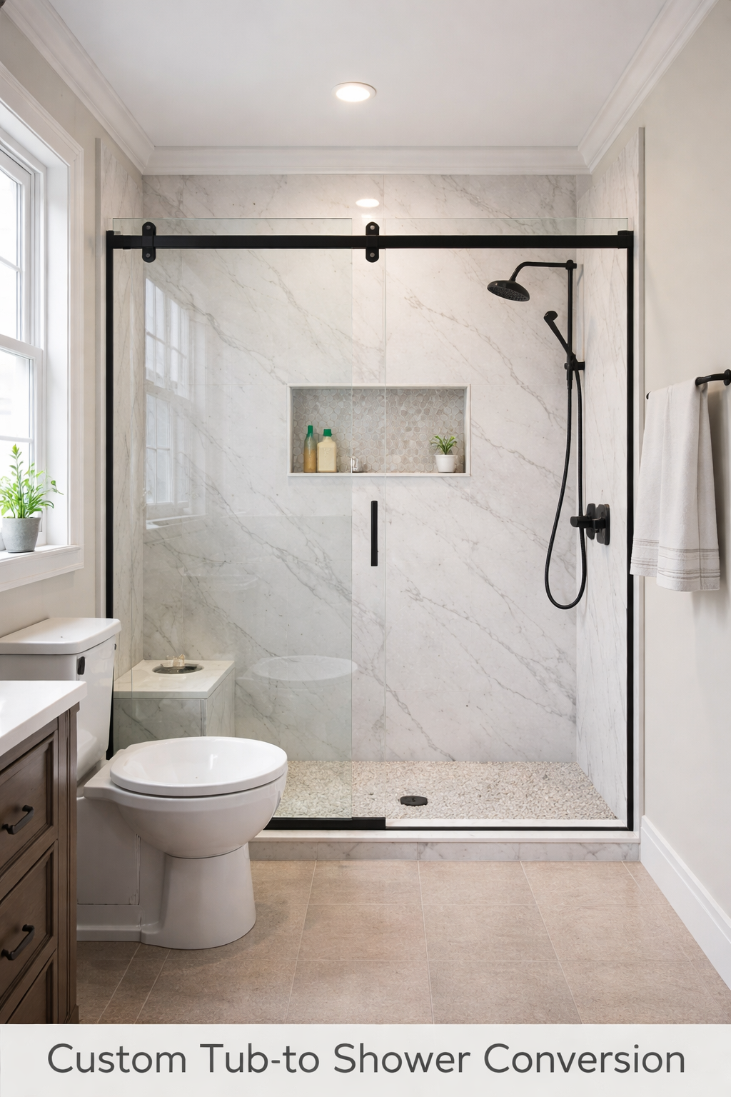 Modern bathroom with marble shower, black fixtures, and sliding glass door. A white toilet sits adjacent.