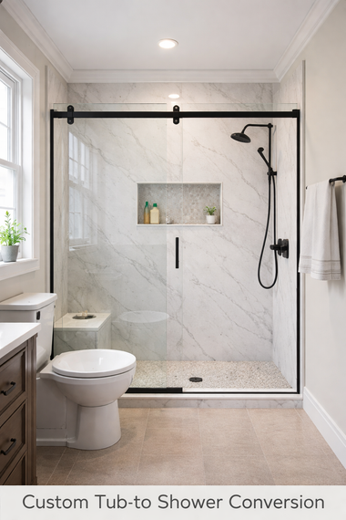 Modern bathroom with marble shower, black fixtures, and sliding glass door. A white toilet sits adjacent.