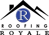 Roofing Royale logo with black rooflines and a blue “R” emblem on a white background