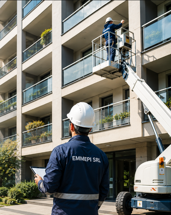 Un operaio ispeziona dal basso i balconi di un moderno condominio all'interno di un ascensore.