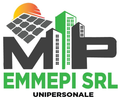 Logo MIP EMMEPI SRL UNIPERSONALE con pannello solare, sole ed edifici grigio-verdi.