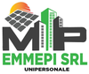 Logo MIP EMMEPI SRL UNIPERSONALE con pannello solare, sole ed edifici grigio-verdi.