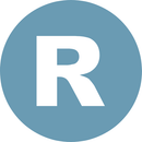 The letter r is in a blue circle on a white background.