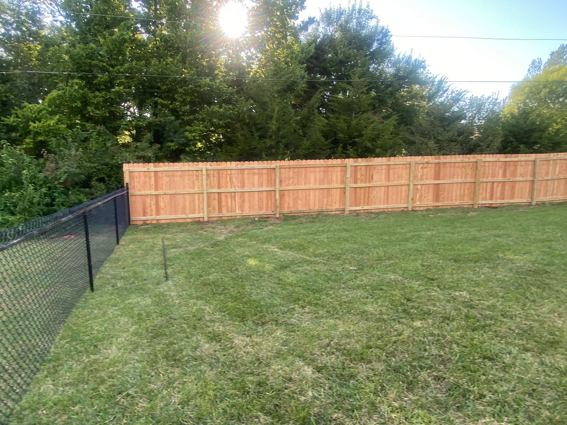 A wooden fence is surrounded by a chain link fence in a backyard.