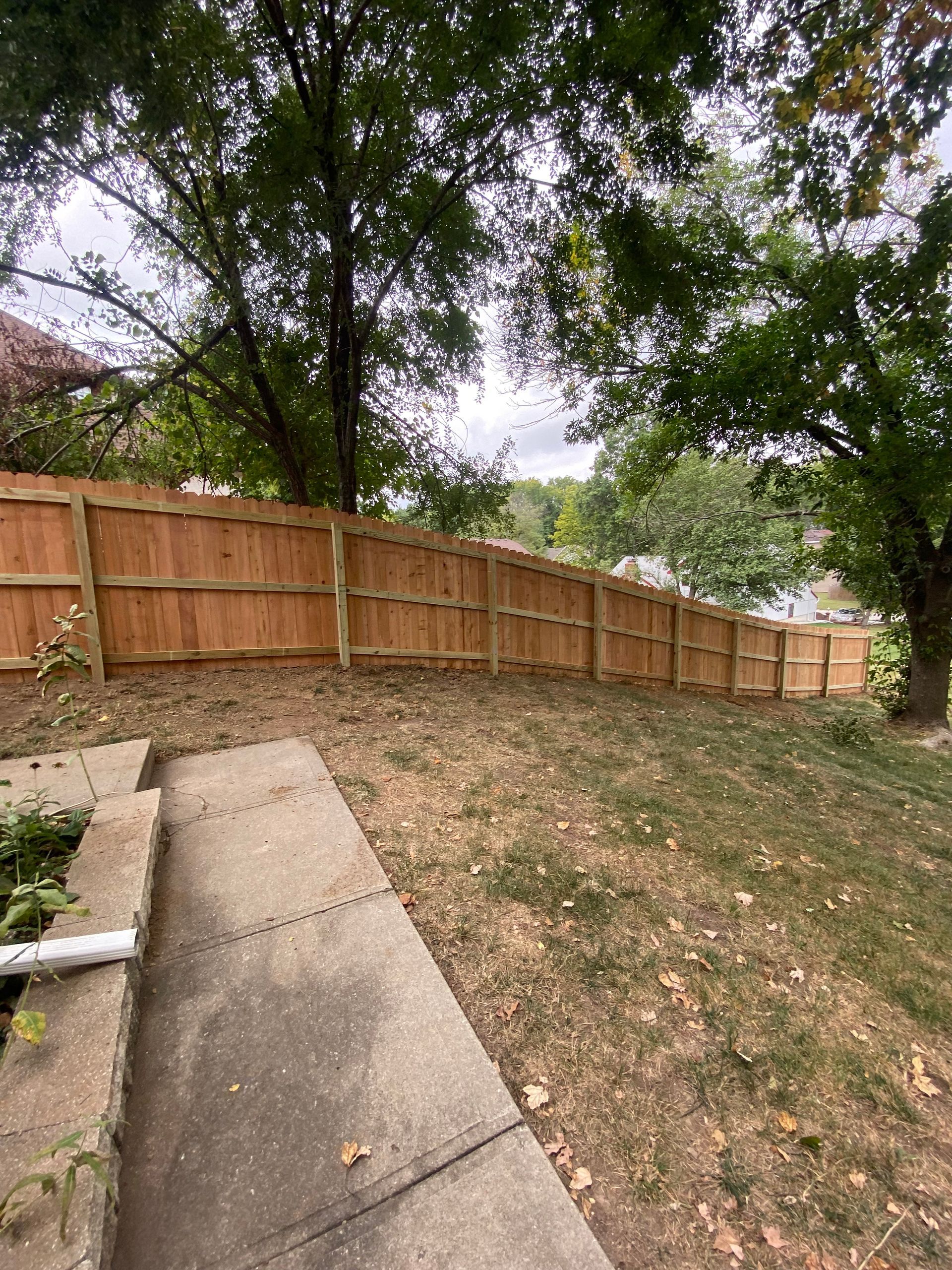 A wooden fence is surrounded by trees and grass in a backyard.