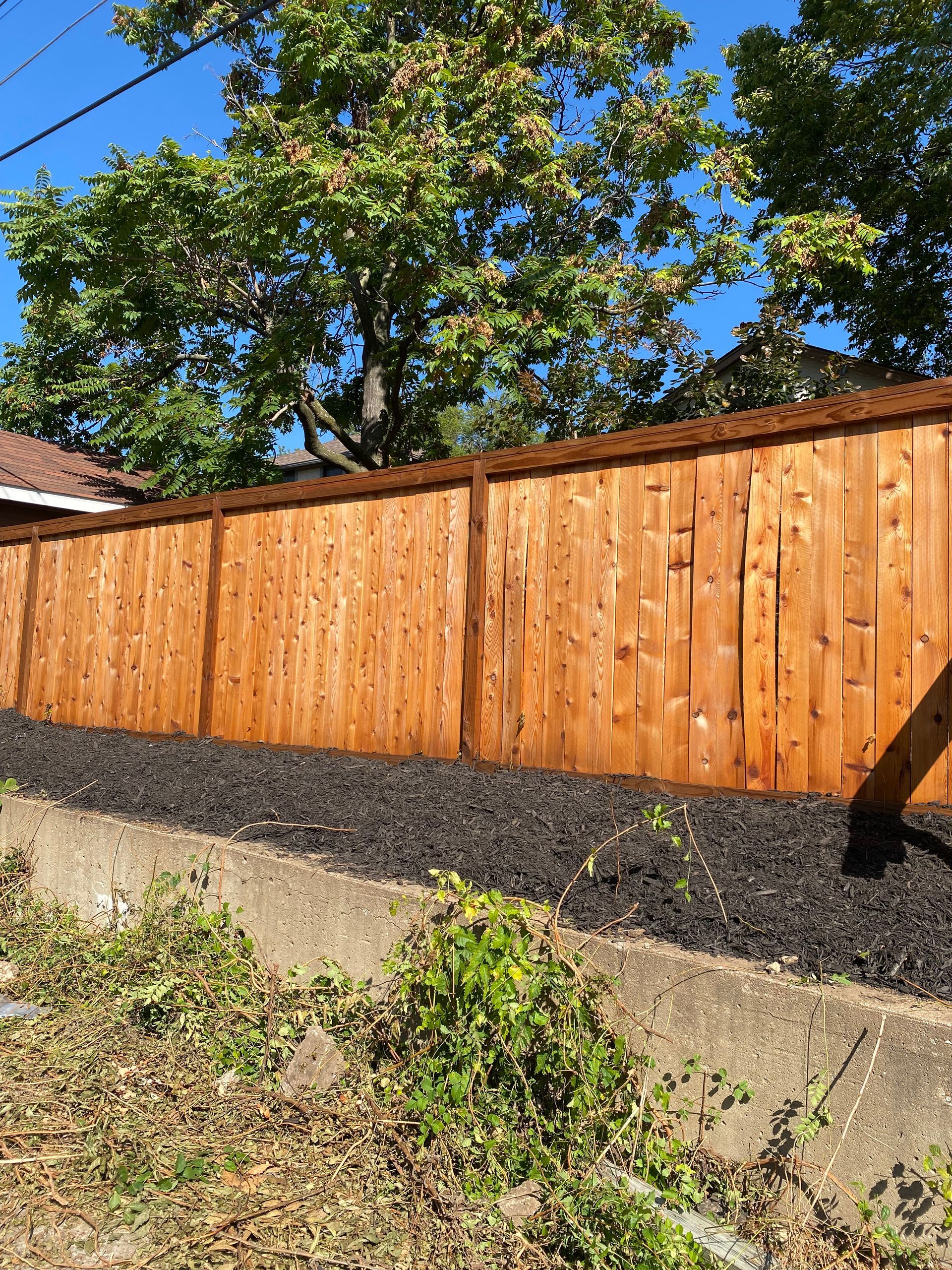 A wooden fence is surrounded by black mulch and trees.