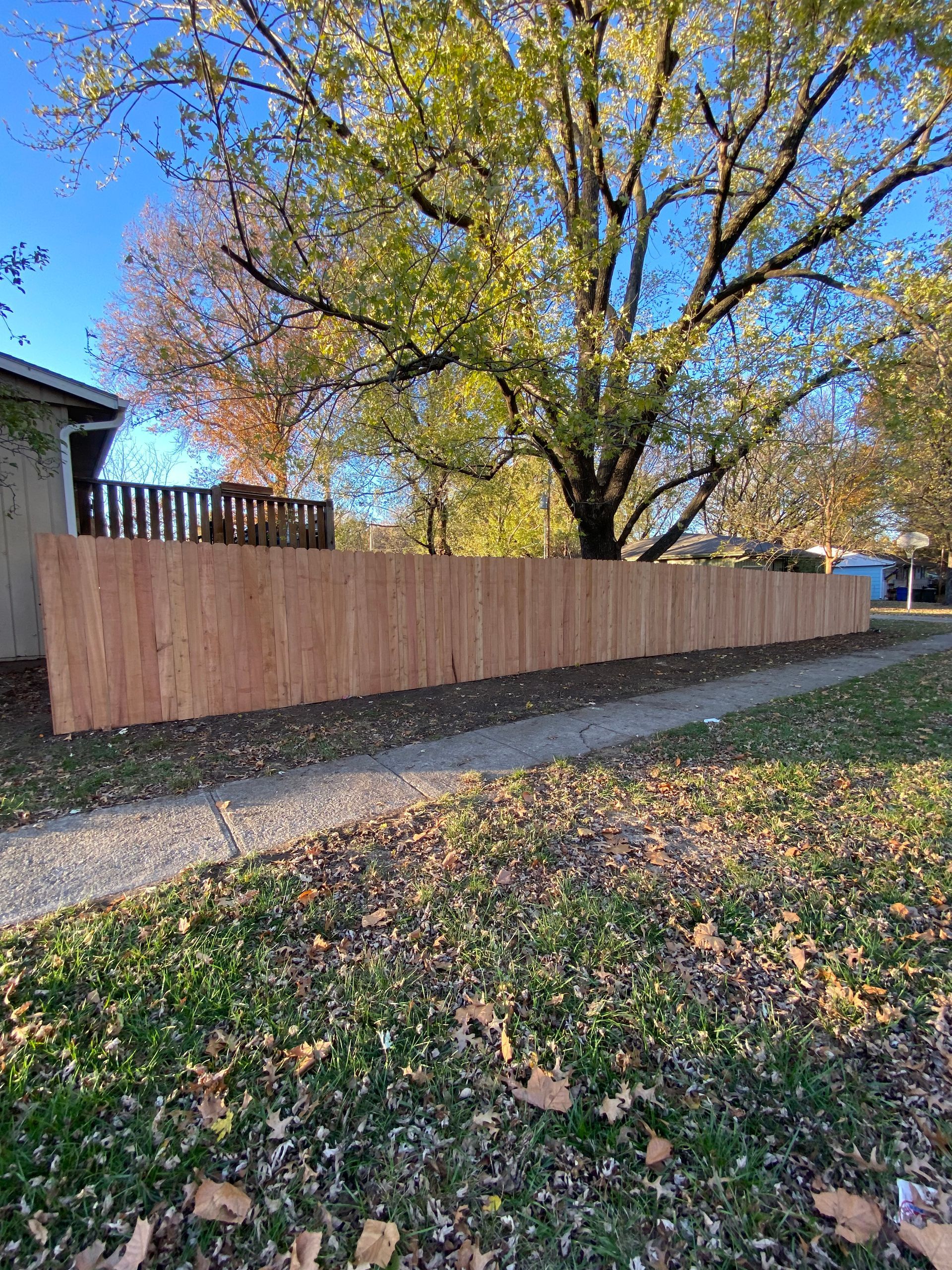 A wooden fence along a sidewalk next to a house with a tree in the background.