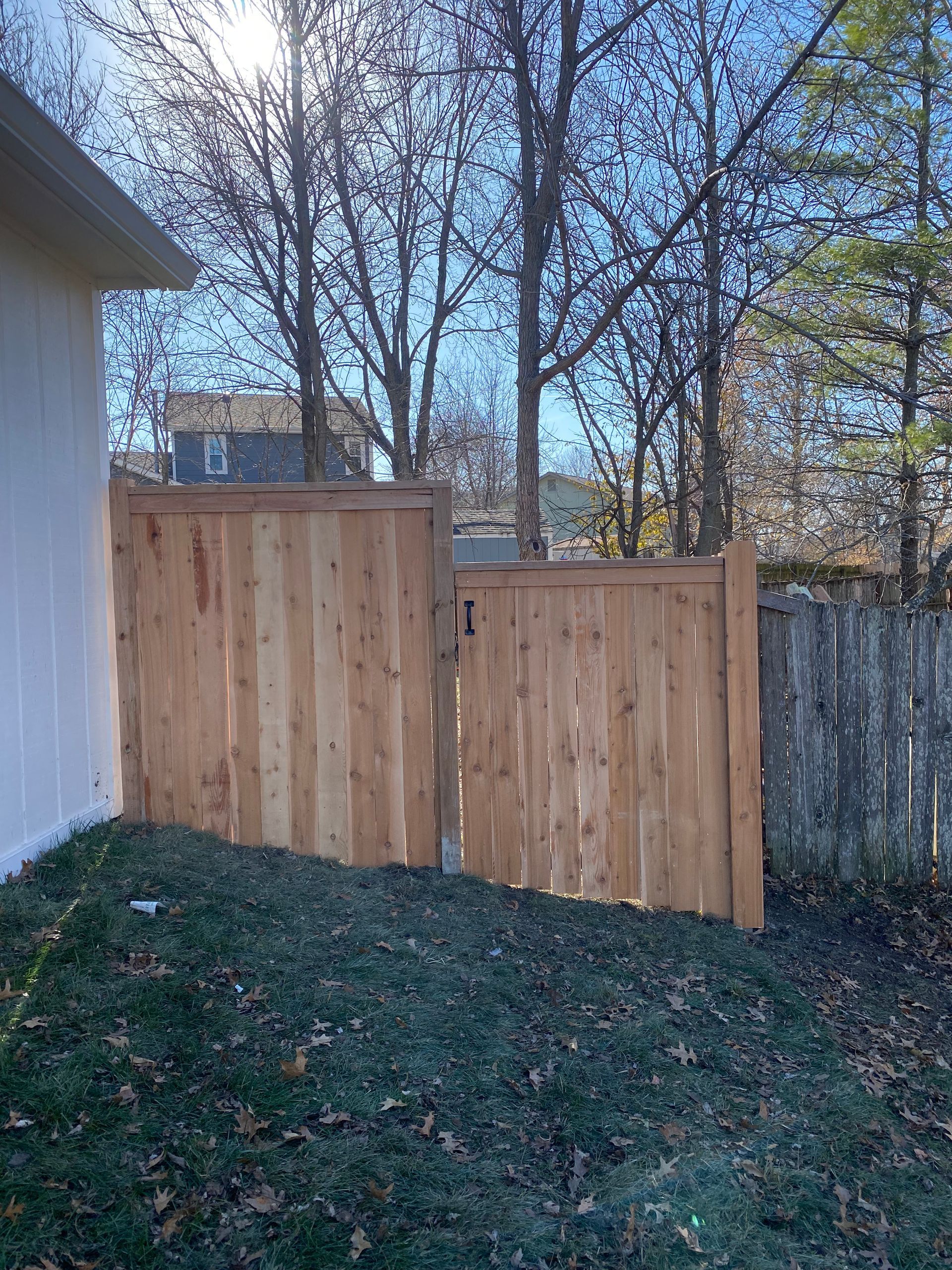 A wooden fence with a gate in the backyard of a house.