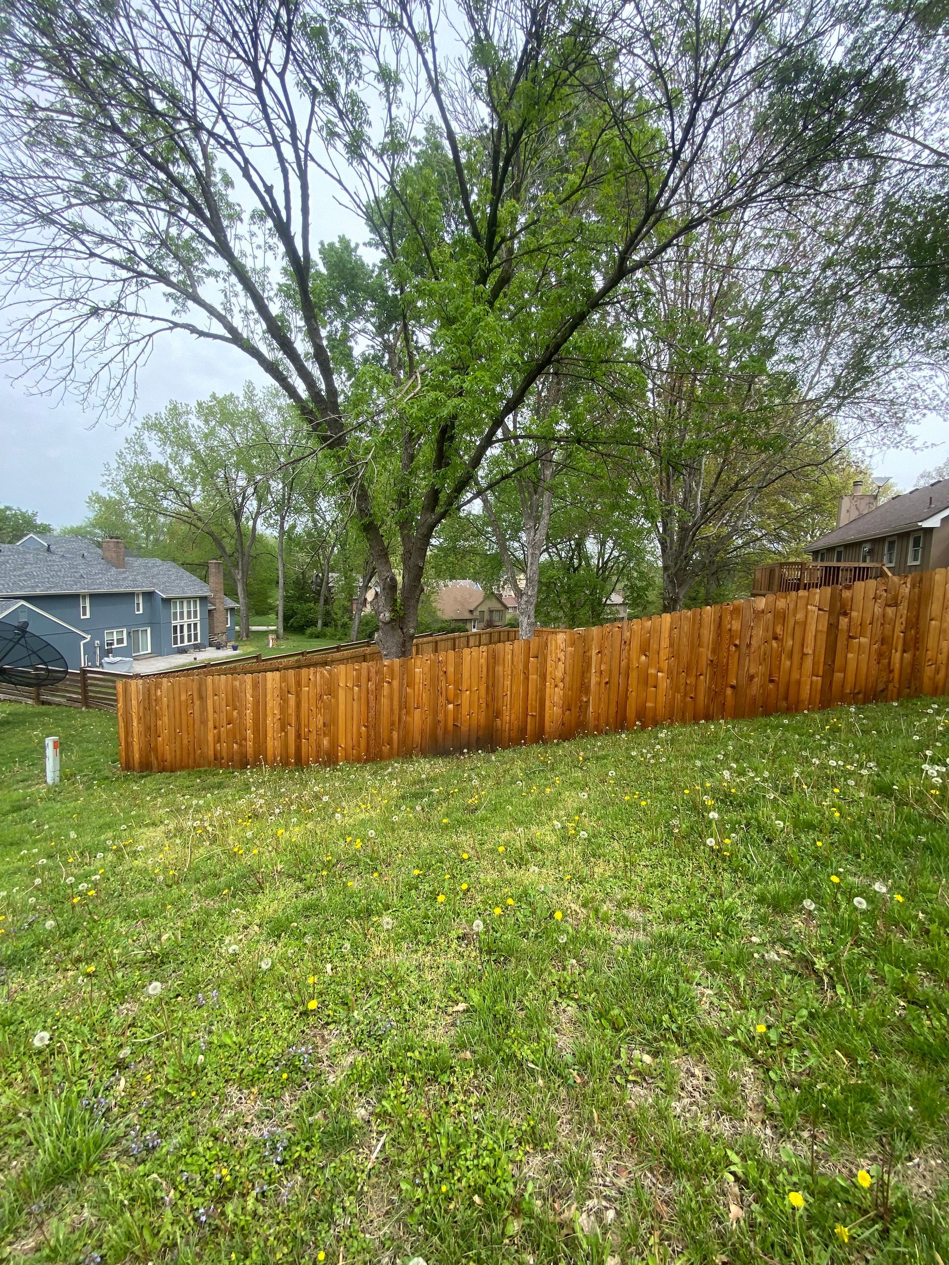A wooden fence is in the middle of a lush green yard.