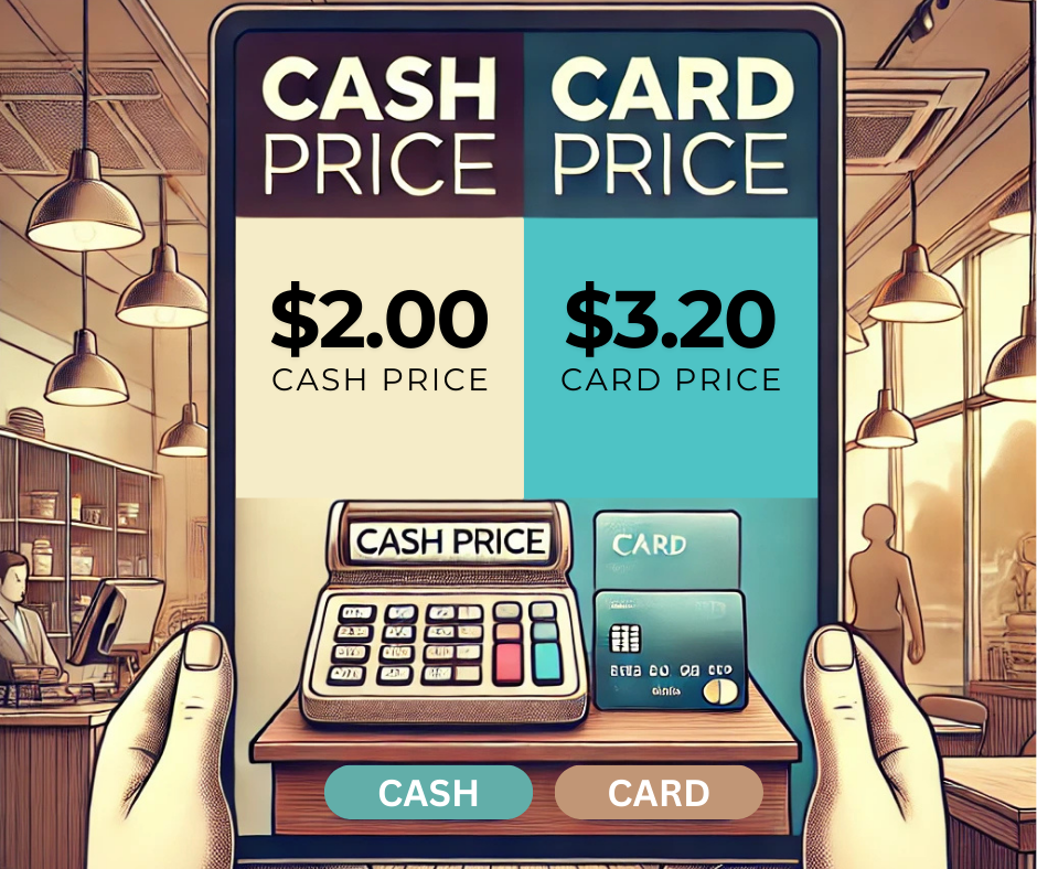 A digital display shows a choice between a $2.00 cash price and a $3.20 card price, held by two hands.