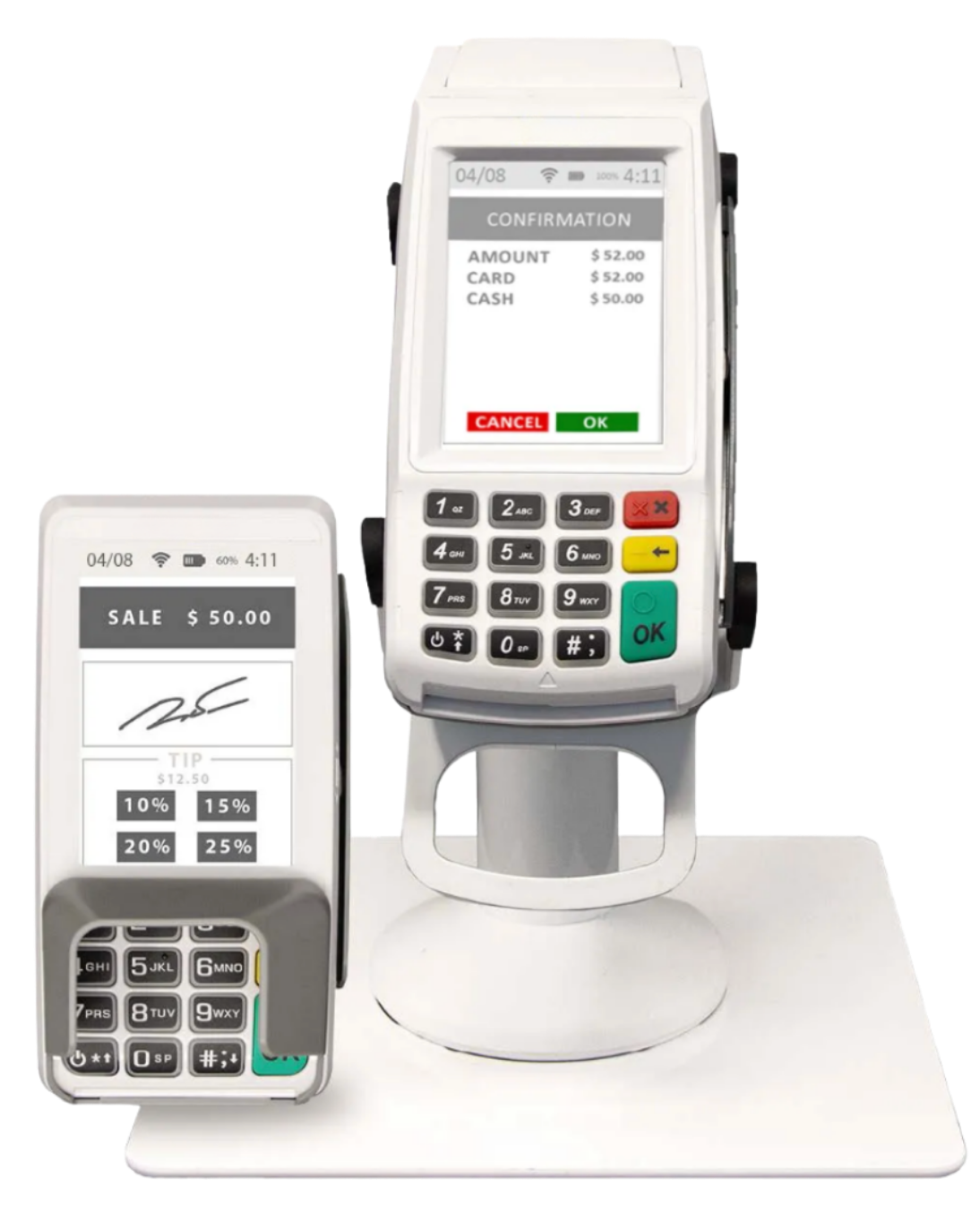 A white, stand-mounted electronic payment terminal next to a handheld customer-facing device for PIN entry and signatures.