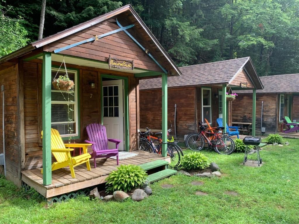 Row of rustic cabins with colorful chairs on porches in a green forest setting