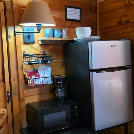 Cozy wood-paneled kitchen corner with a refrigerator, microwave, shelf, and lamp