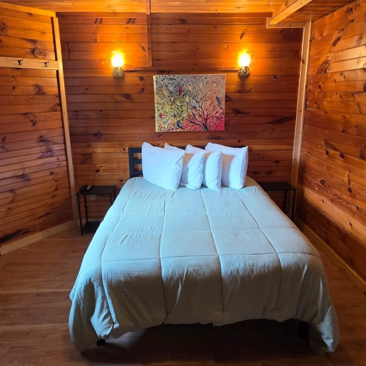 Cozy wood-paneled bedroom with a neatly made bed, wall art, and warm sconces.