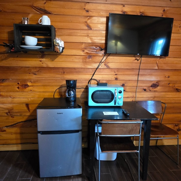 Small kitchenette with mini fridge, microwave, wall TV, and shelf against a wood-paneled wall