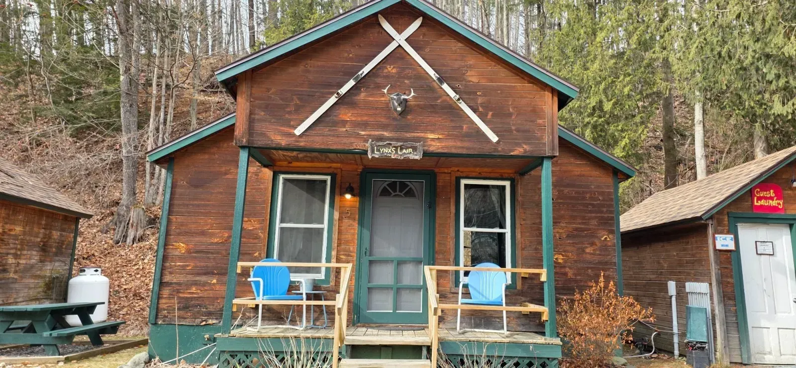 Rustic wooden cabin with a teal door, front porch chairs, and a wooded hillside background