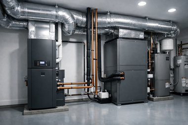 Industrial HVAC equipment and ductwork in a clean utility room, with gray machinery and copper piping.