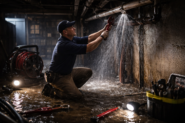 Plumber kneeling in a dark basement, repairing a leaking pipe with water spraying everywhere.