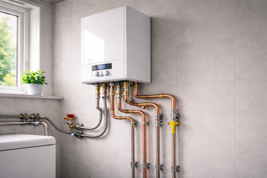 Wall-mounted white boiler with copper pipes in a tiled utility room beside a window and sink