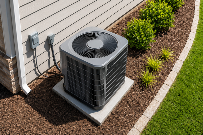 Outdoor air conditioner unit beside a house, bordered by mulch and a curved stone edge.