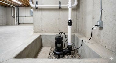 Basement utility room with a sump pump, gravel pit, and white PVC pipes along concrete walls