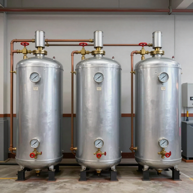 Industrial HVAC equipment and ductwork in a clean utility room, with gray machinery and copper piping.