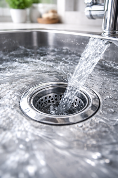Running water pouring into a stainless steel kitchen sink drain