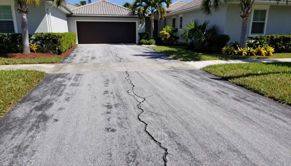 Cracked residential driveway leading to a garage, bordered by green lawns and palm trees.