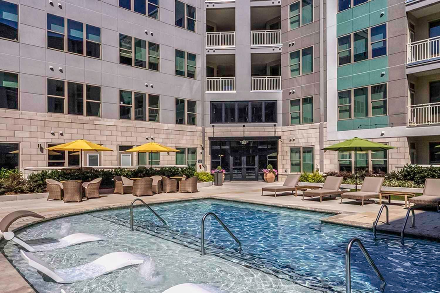 Resort-style pool with cabanas at Greenside in Charlotte, North Carolina