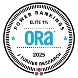 ORA Power Rankings Elite 1% seal, 2025. Blue, white, and black circular graphic with text and stars.