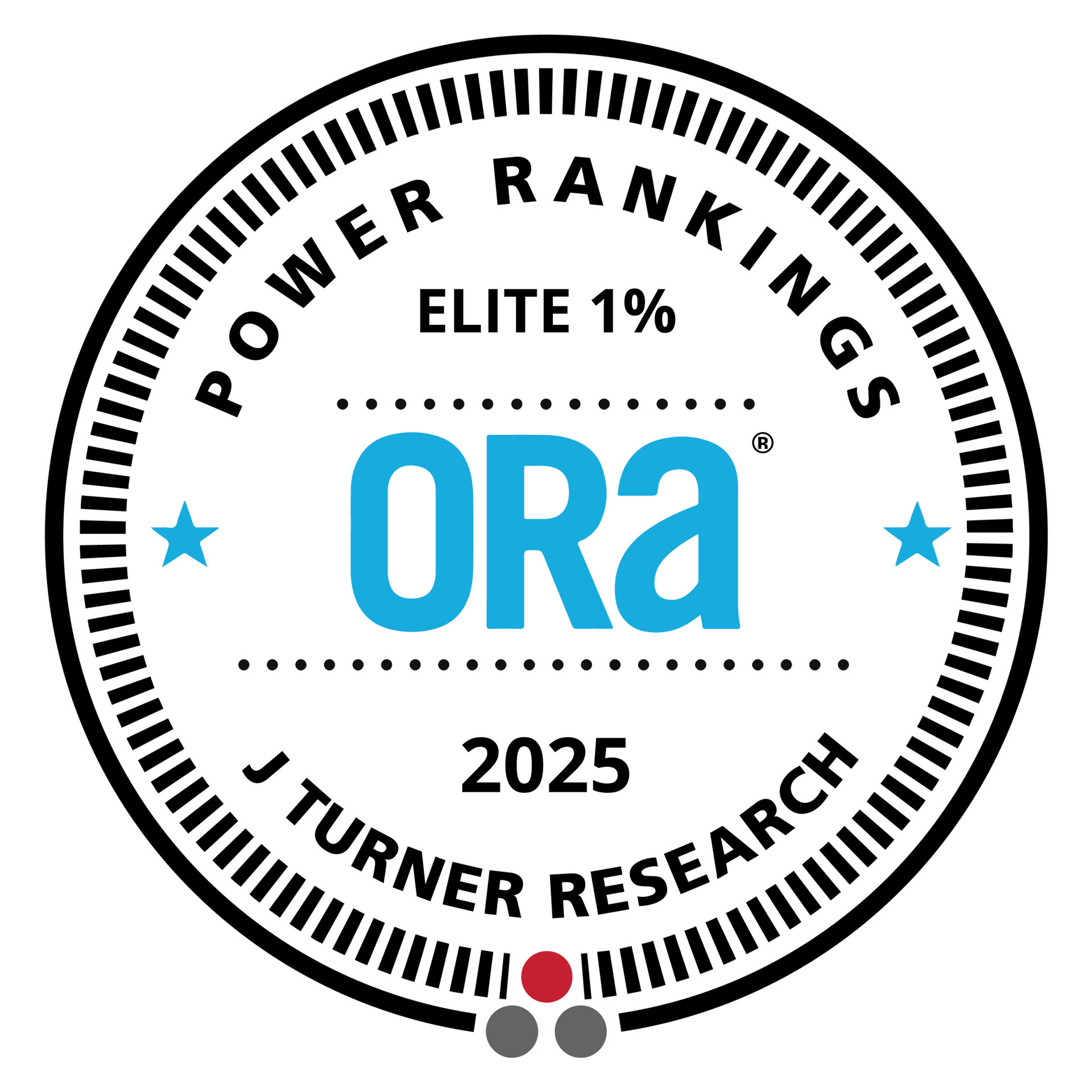 ORA Power Rankings Elite 1% seal, 2025. Blue, white, and black circular graphic with text and stars.