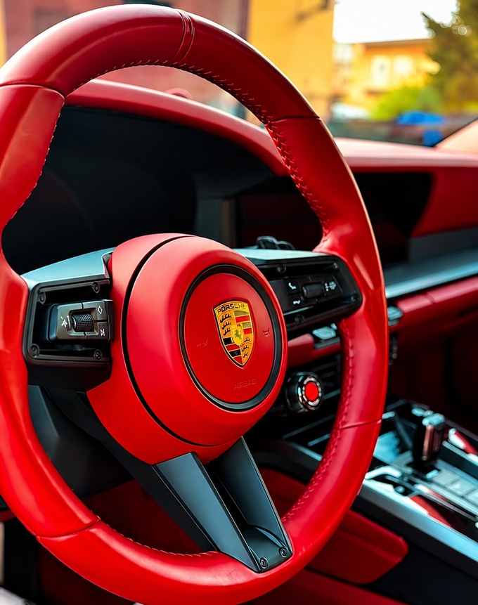 Volante e cruscotto Porsche rossi con finiture e console centrale nere.