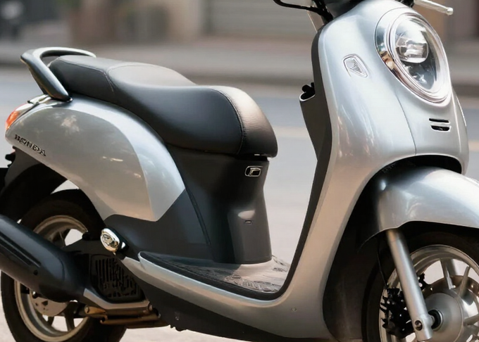 Scooter rosso con sella nera e dettagli argentati su sfondo bianco.