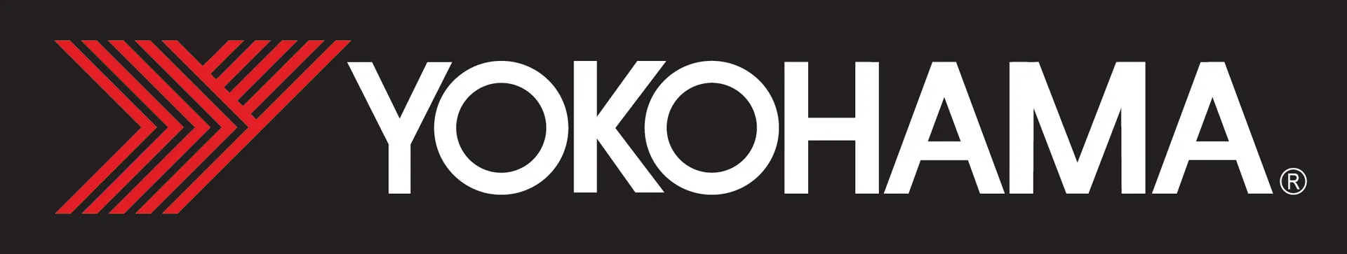 Yokohama logo in white with red chevron mark on a black background