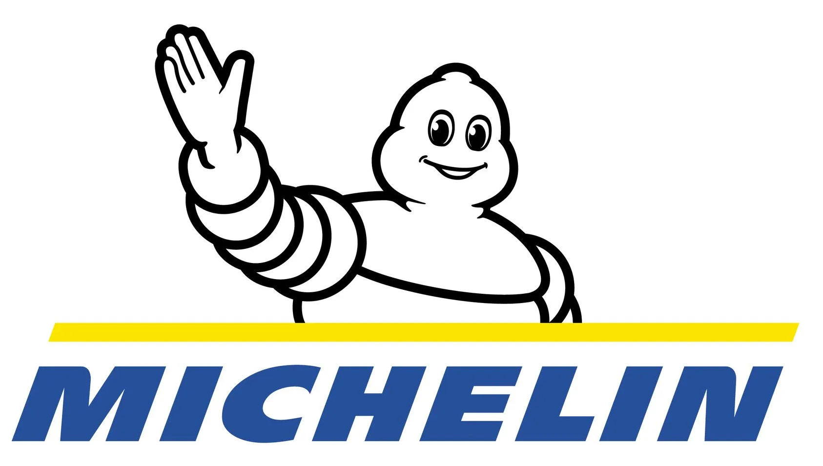 Michelin logo with the white Bibendum mascot waving above blue text and a yellow line