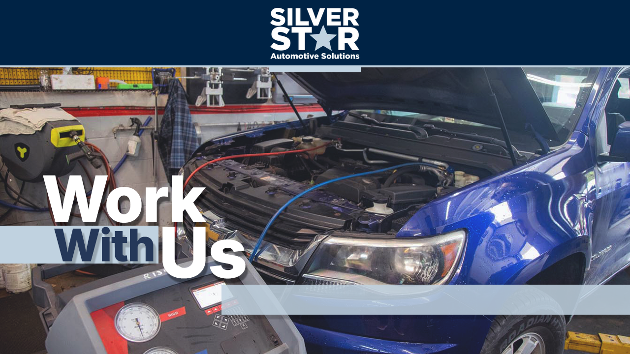 Silver Star auto repair ad with blue car in a shop and bold “Work With Us” text